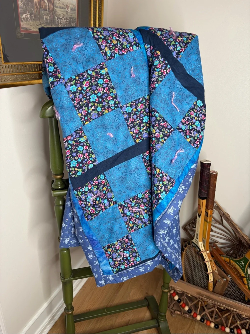 Handmade Blue Floral Patchwork Quilt - Blue